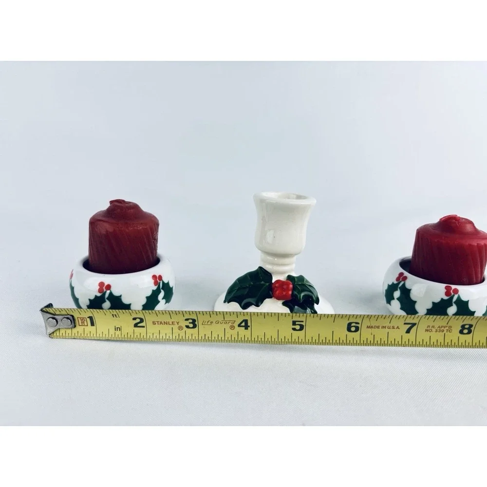 Vintage Holly Ivy‎ Taper Candlestick Holders Christmas Decor - Lot Of 3 -